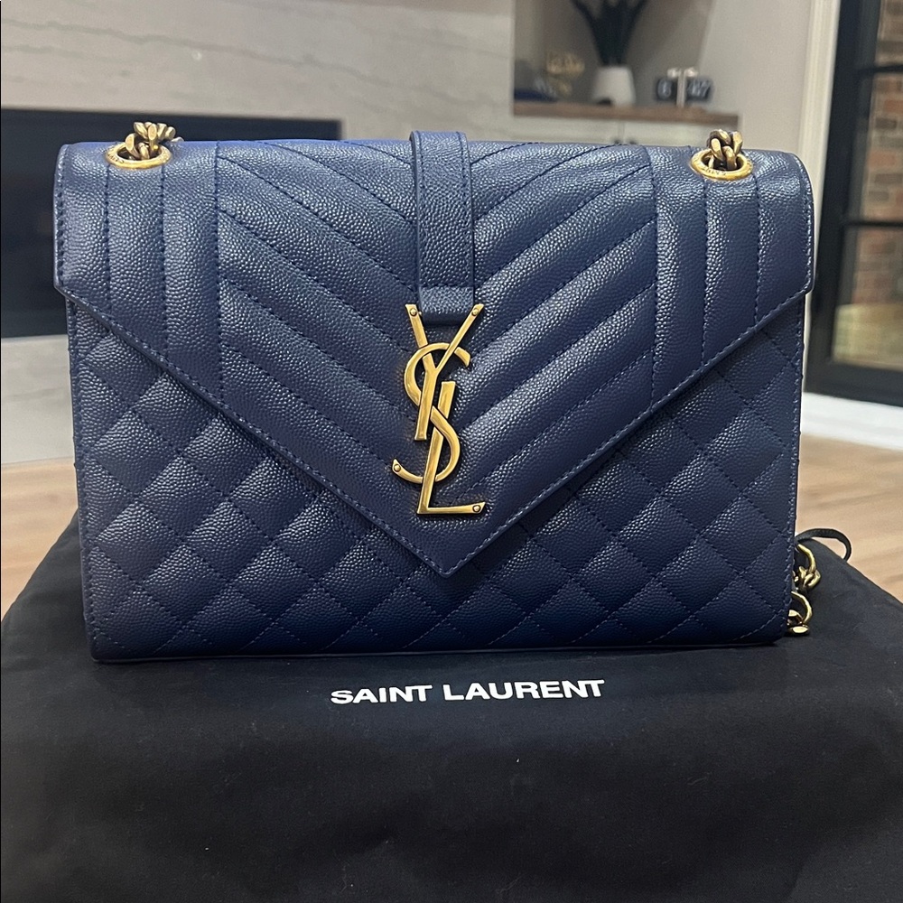 Saint Laurent Navy Quilted Shoulder Bag with Gold Accents